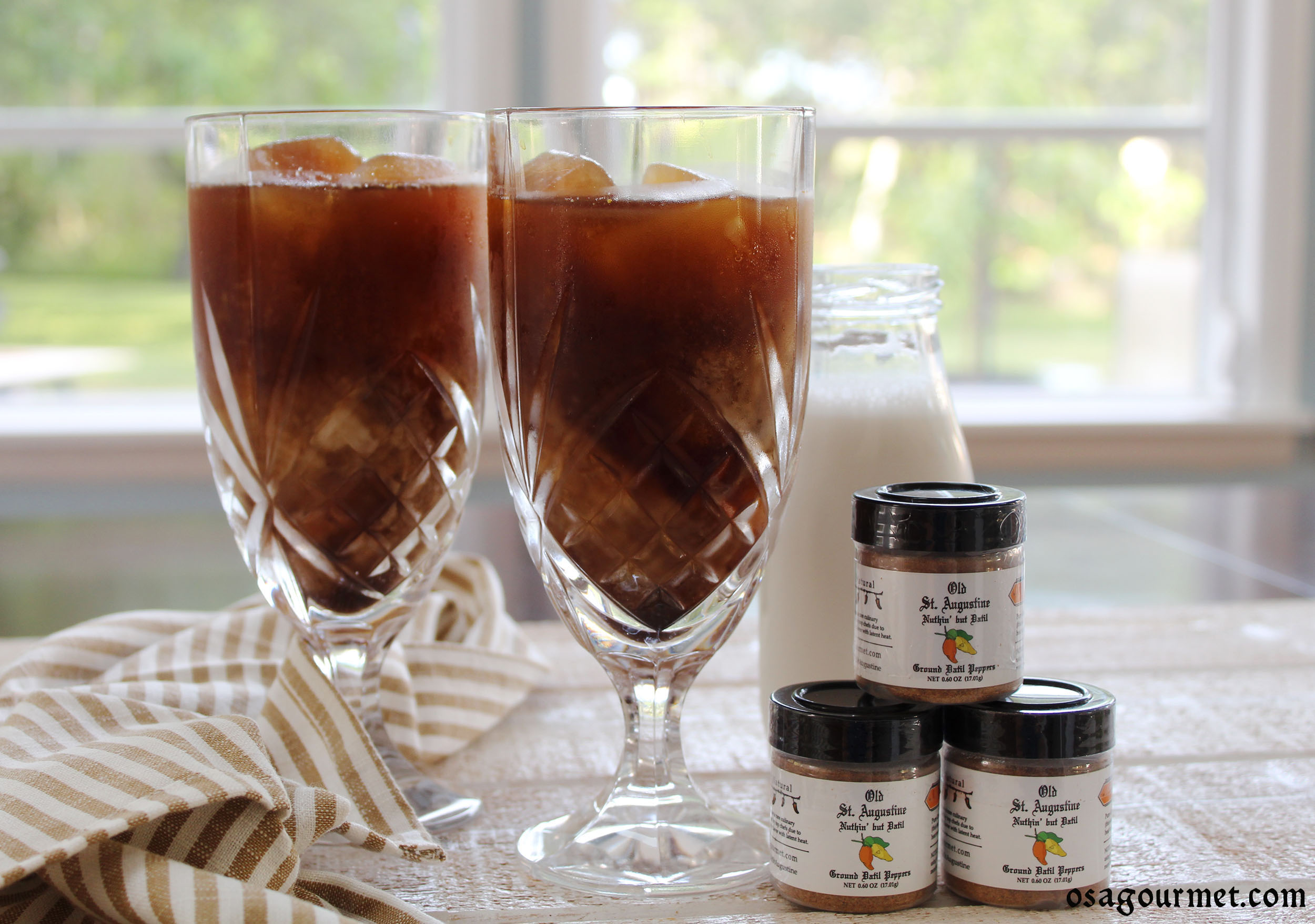 iced coffee in tall glasses with Nuthin' But Datil pure ground datil pepper